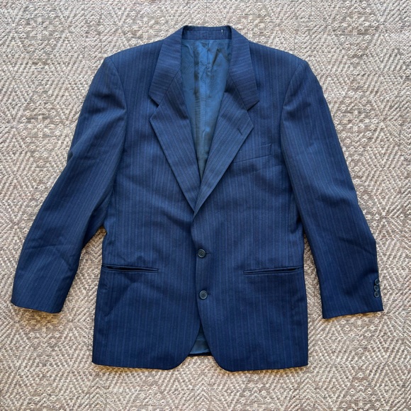 Yves Saint‎ Laurent Vintage YSL Navy Blue Striped Wool Blazer Mens Sport Coat
